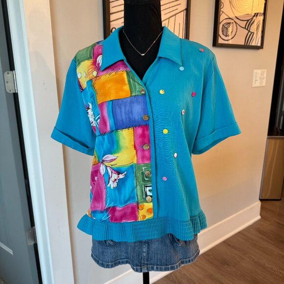 Vintage Patchwork Button-Up blouse \ Retro 80's Blouse \ Blue Button-Up - Picture 1 of 11